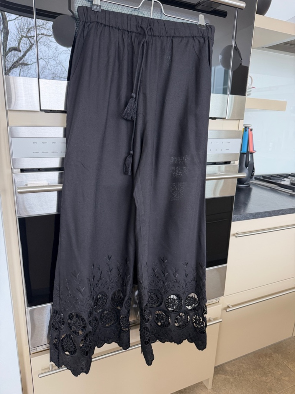 Black Wide-Leg Embroidered Eyelet Hem Pants